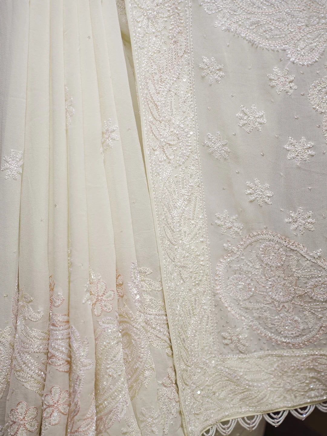 Ada Hand Embroidered Cream Pure Georgette Lucknow Chikankari Saree With Blouse And Sequinned Work 01A436417