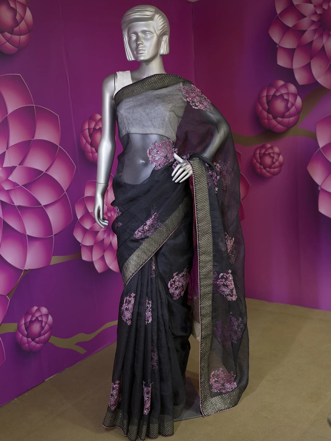 Ada Hand Embroidered Black Organza Lucknowi Chikankari Saree With Blouse And Muqaish Work 01A65844
