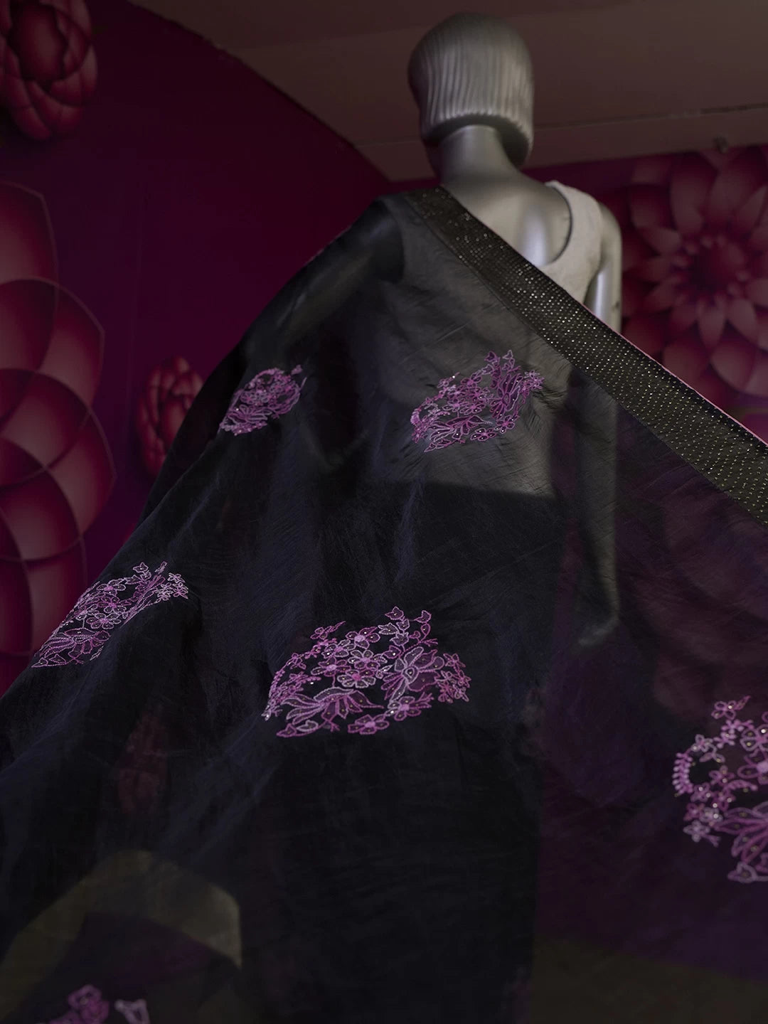 Ada Hand Embroidered Black Organza Lucknowi Chikankari Saree With Blouse And Muqaish Work 01A65844