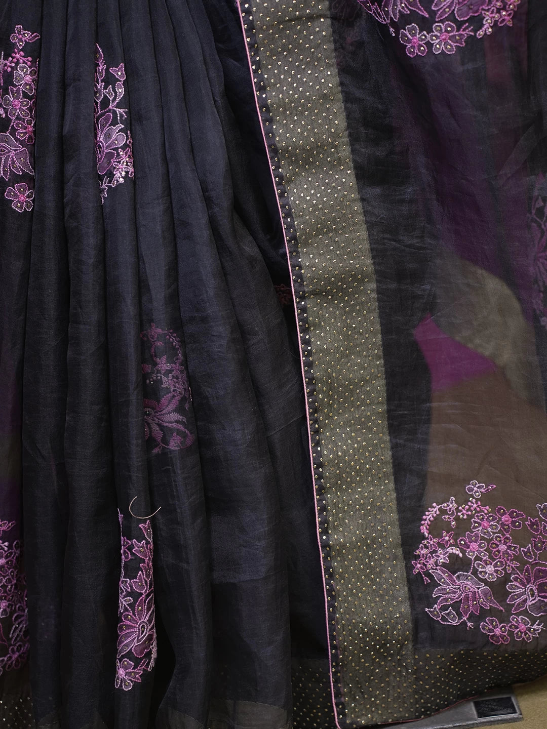 Ada Hand Embroidered Black Organza Lucknowi Chikankari Saree With Blouse And Muqaish Work 01A65844
