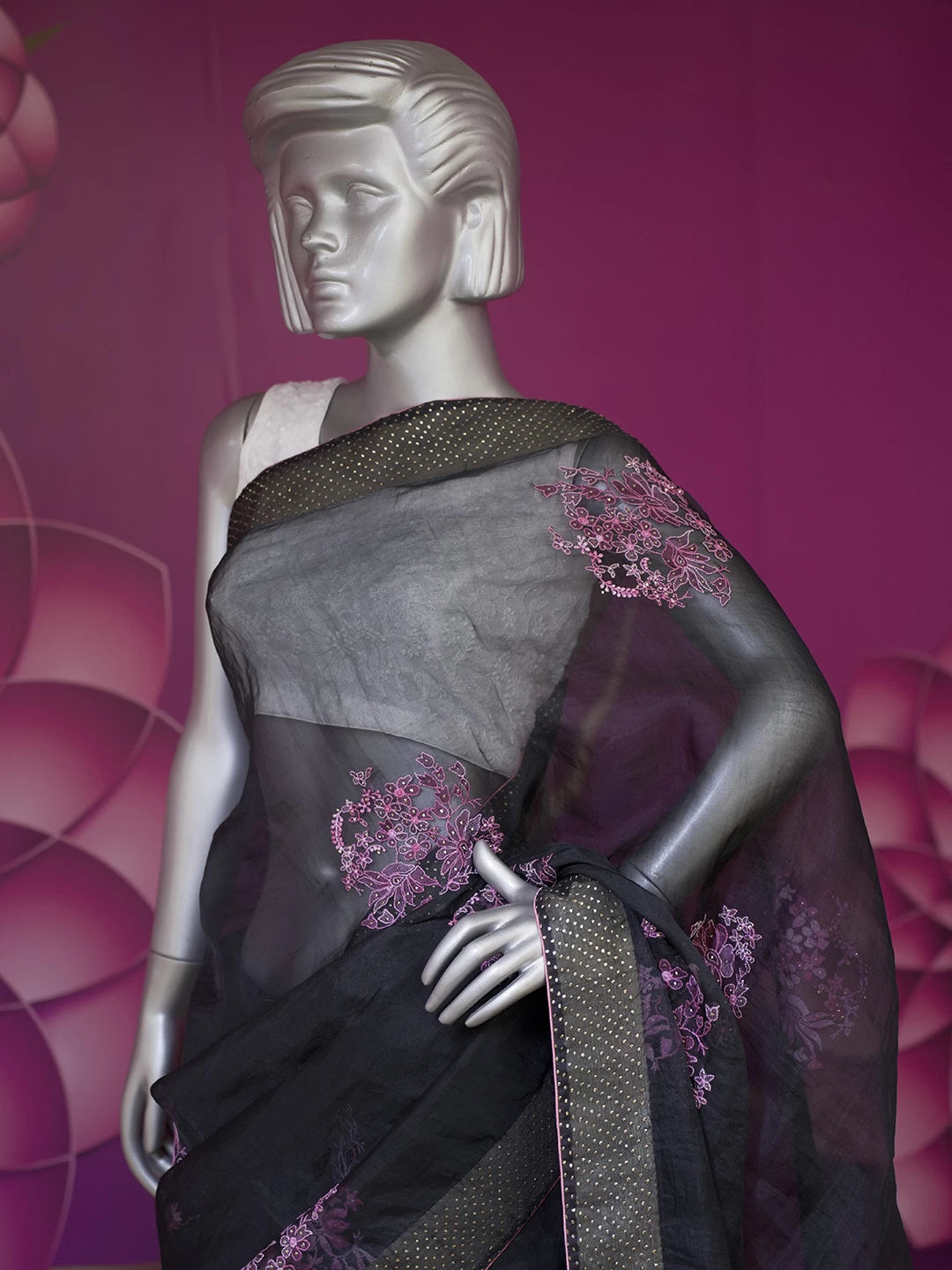 Ada Hand Embroidered Black Organza Lucknowi Chikankari Saree With Blouse And Muqaish Work 01A65844