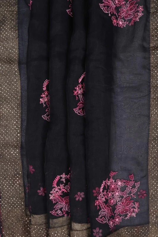 Ada Hand Embroidered Black Organza Lucknowi Chikankari Saree With Blouse And Muqaish Work 01A65844