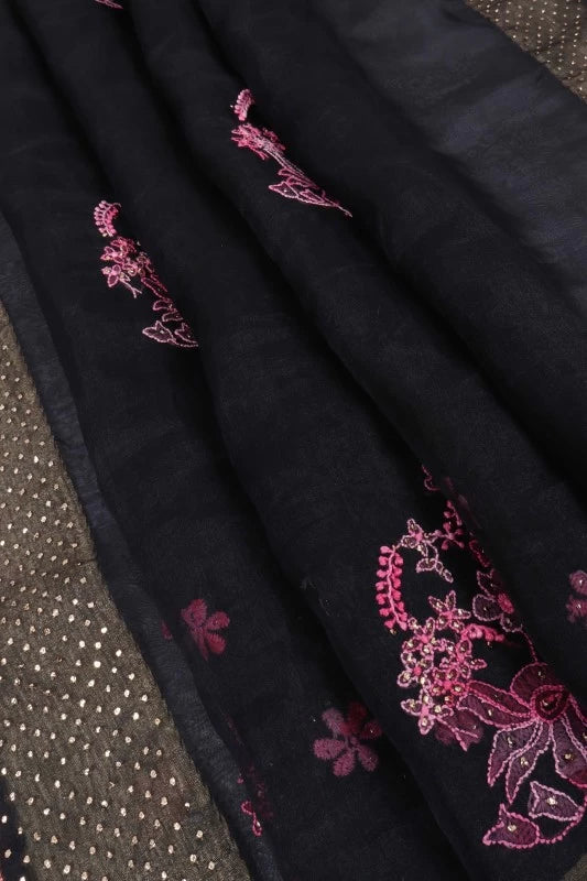 Ada Hand Embroidered Black Organza Lucknowi Chikankari Saree With Blouse And Muqaish Work 01A65844