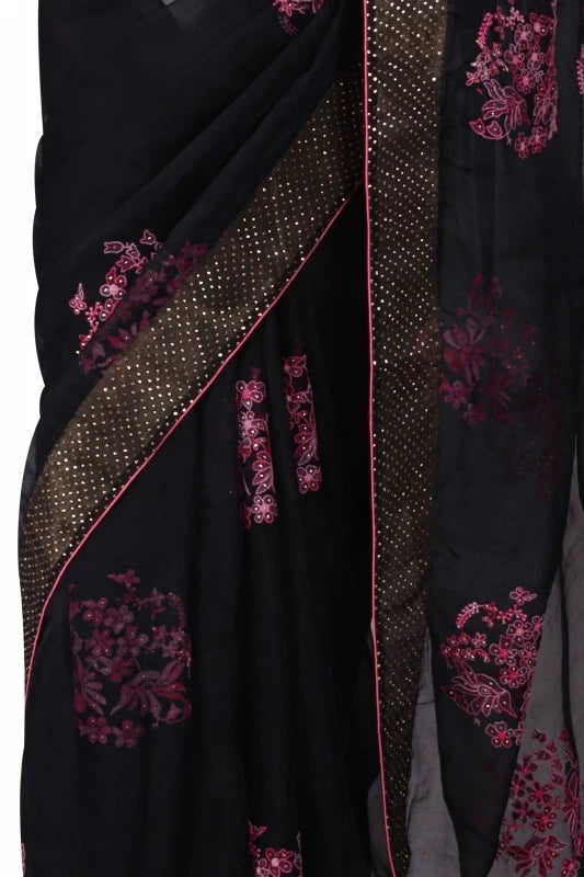 Ada Hand Embroidered Black Organza Lucknowi Chikankari Saree With Blouse And Muqaish Work 01A65844