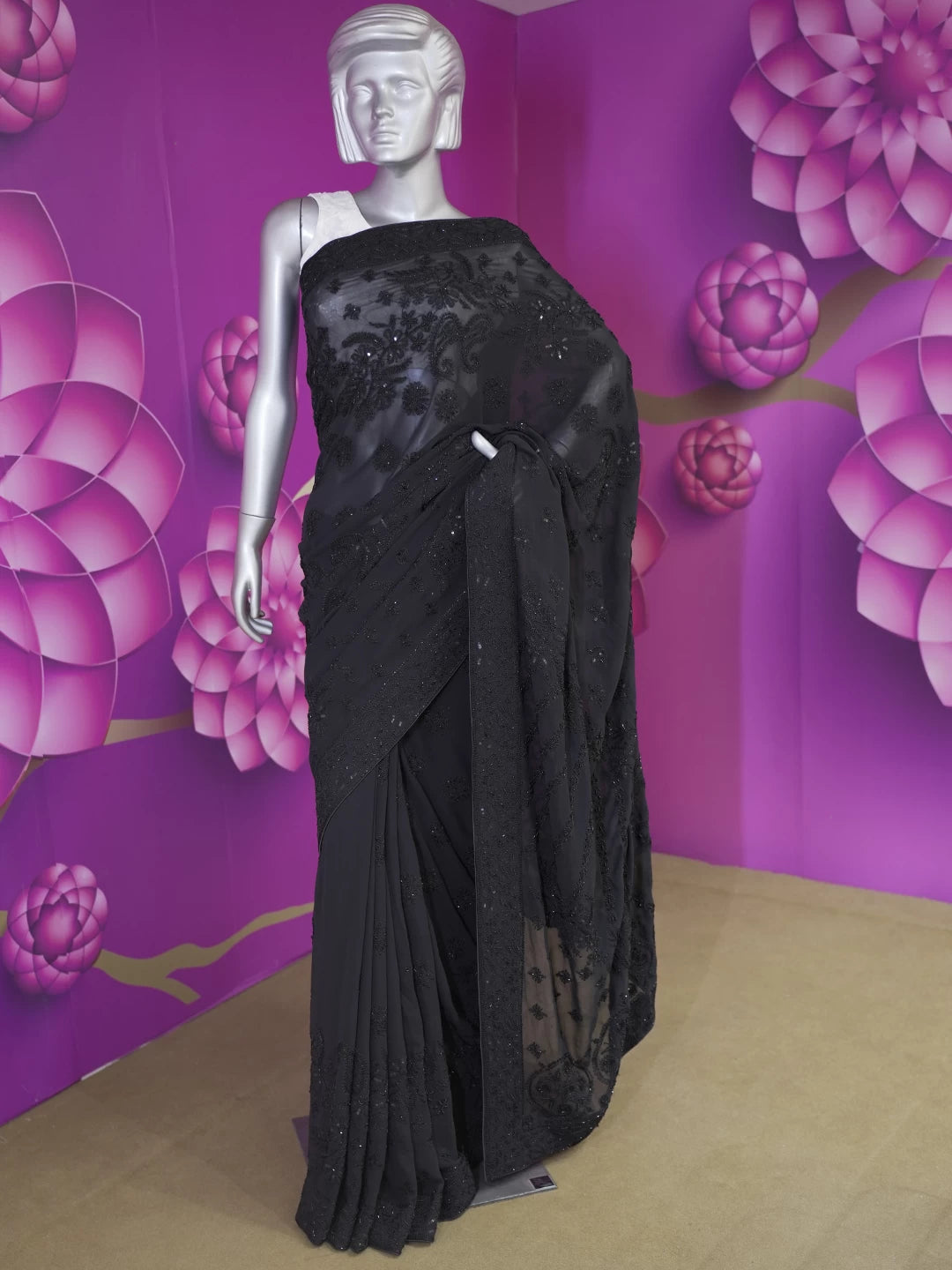 Ada Hand Embroidered Black Pure Georgette Lucknowi Chikankari Saree With Blouse And Cutdana Work 01A404684