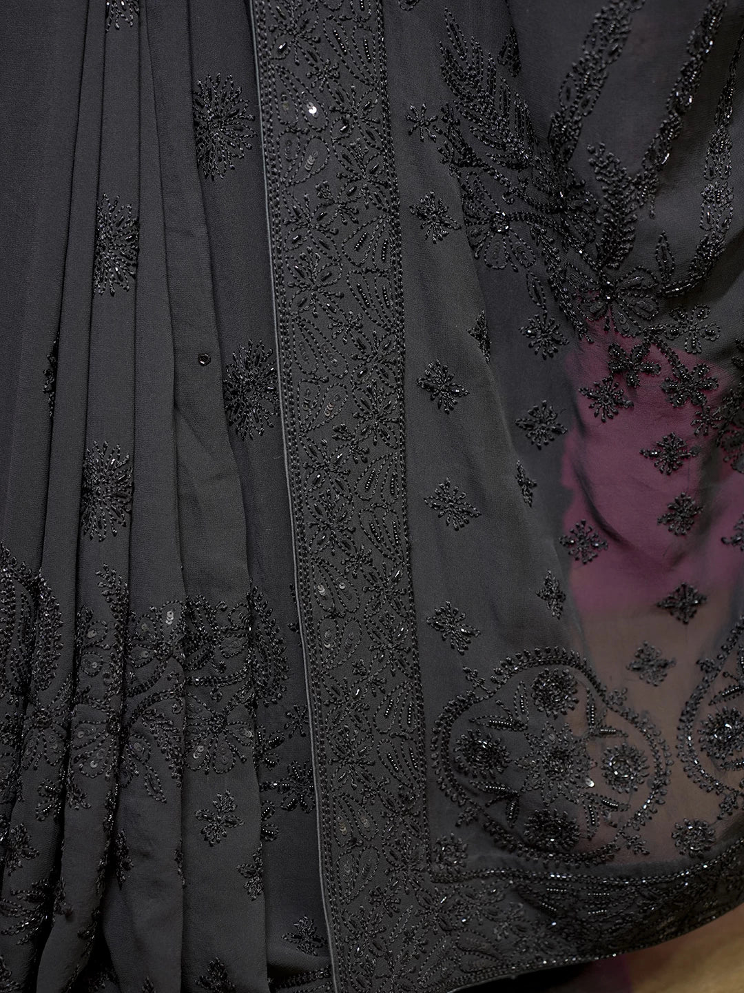 Ada Hand Embroidered Black Pure Georgette Lucknowi Chikankari Saree With Blouse And Cutdana Work 01A404684