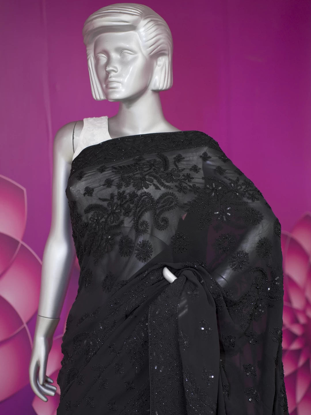 Ada Hand Embroidered Black Pure Georgette Lucknowi Chikankari Saree With Blouse And Cutdana Work 01A404684