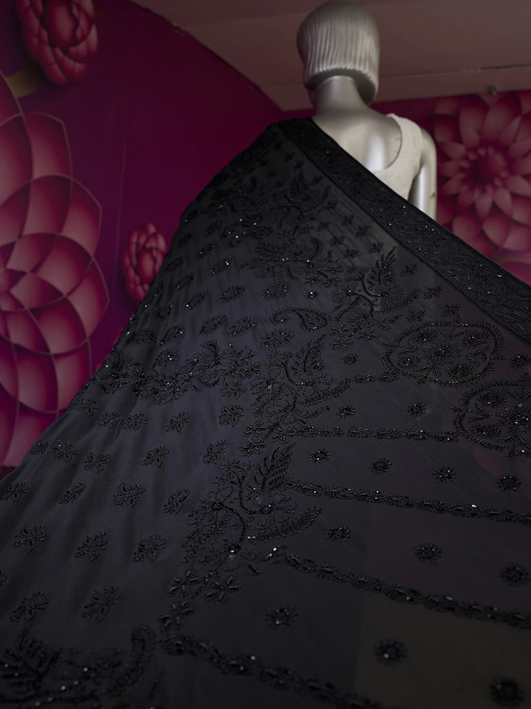 Ada Hand Embroidered Black Pure Georgette Lucknowi Chikankari Saree With Blouse And Cutdana Work 01A404684