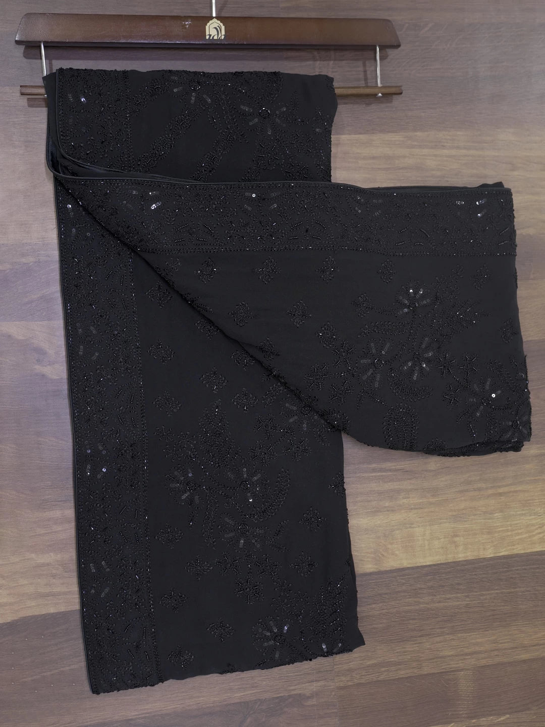 Ada Hand Embroidered Black Pure Georgette Lucknowi Chikankari Saree With Blouse And Cutdana Work 01A404684