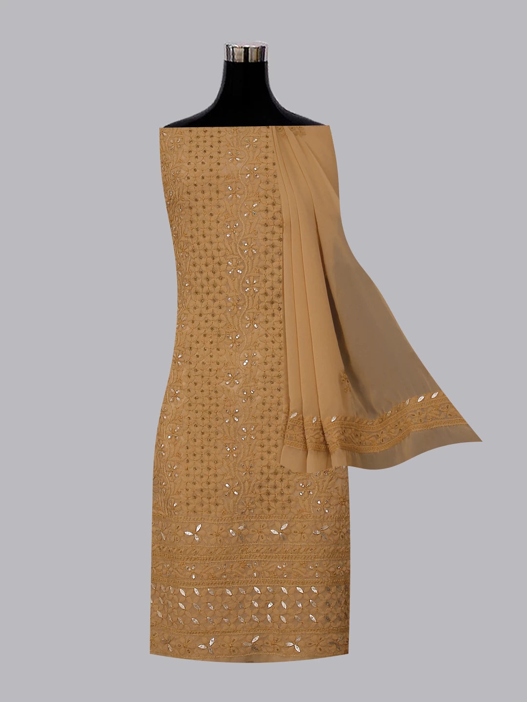 Ada Hand Embroidered Fawn Georgette Lucknowi Chikankari Unstitched Suit Piece With Gotapatti Work 01A398497