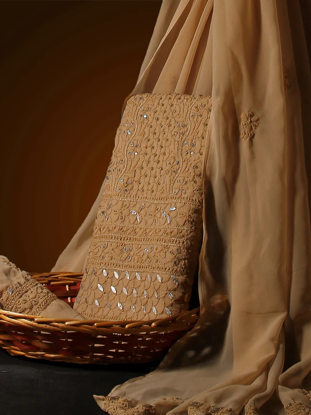 Ada Hand Embroidered Fawn Georgette Lucknowi Chikankari Unstitched Suit Piece With Gotapatti Work 01A398497