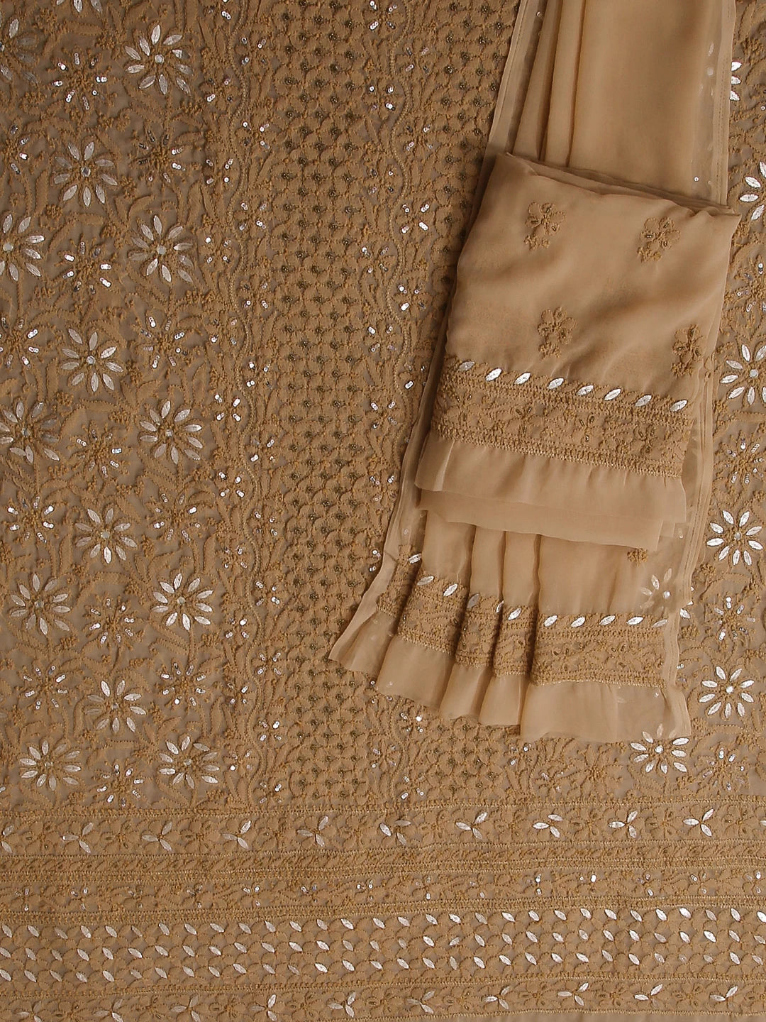 Ada Hand Embroidered Fawn Georgette Lucknowi Chikankari Unstitched Suit Piece With Gotapatti Work 01A398497