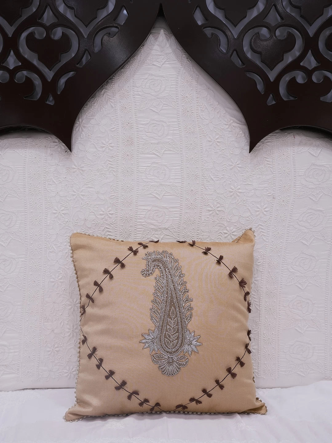 Ada Hand Embroidered Fawn Silk Lucknowi Chikankari Cushion Cover 01A91927