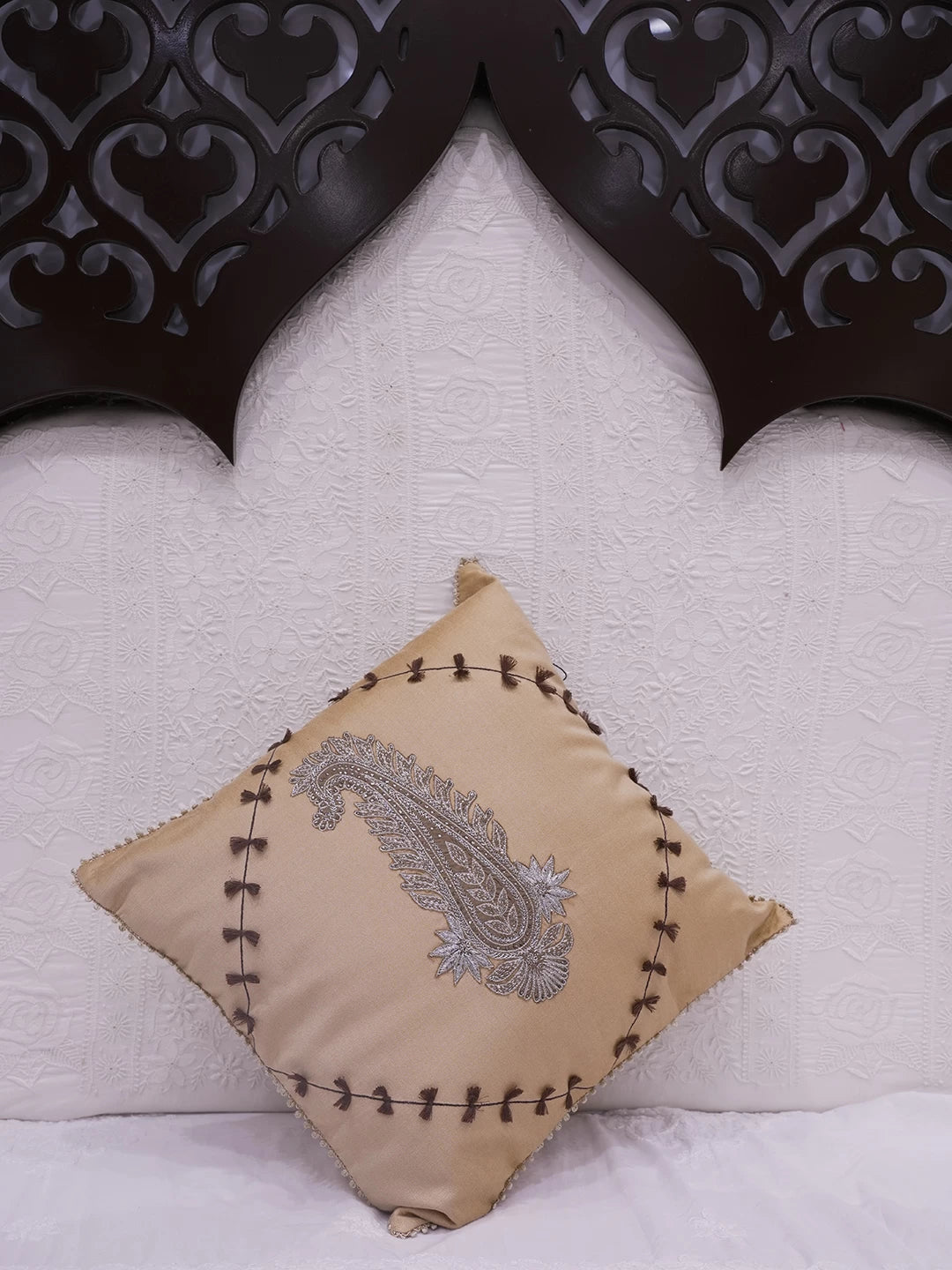 Ada Hand Embroidered Fawn Silk Lucknowi Chikankari Cushion Cover 01A91927