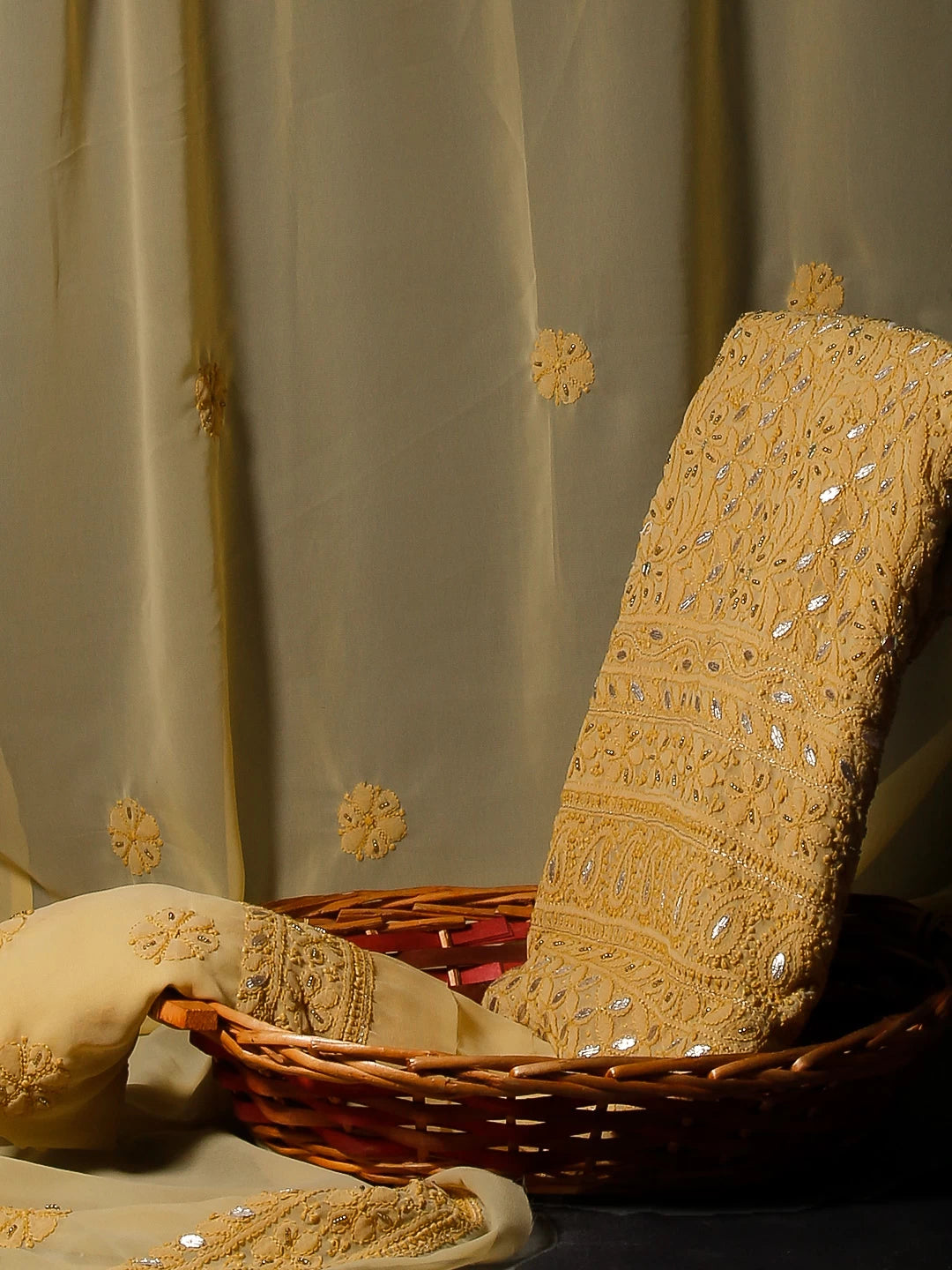 Ada Hand Embroidered Beige Georgette Lucknowi Chikankari Unstitched Suit Piece With Gotapatti Work 01A398500