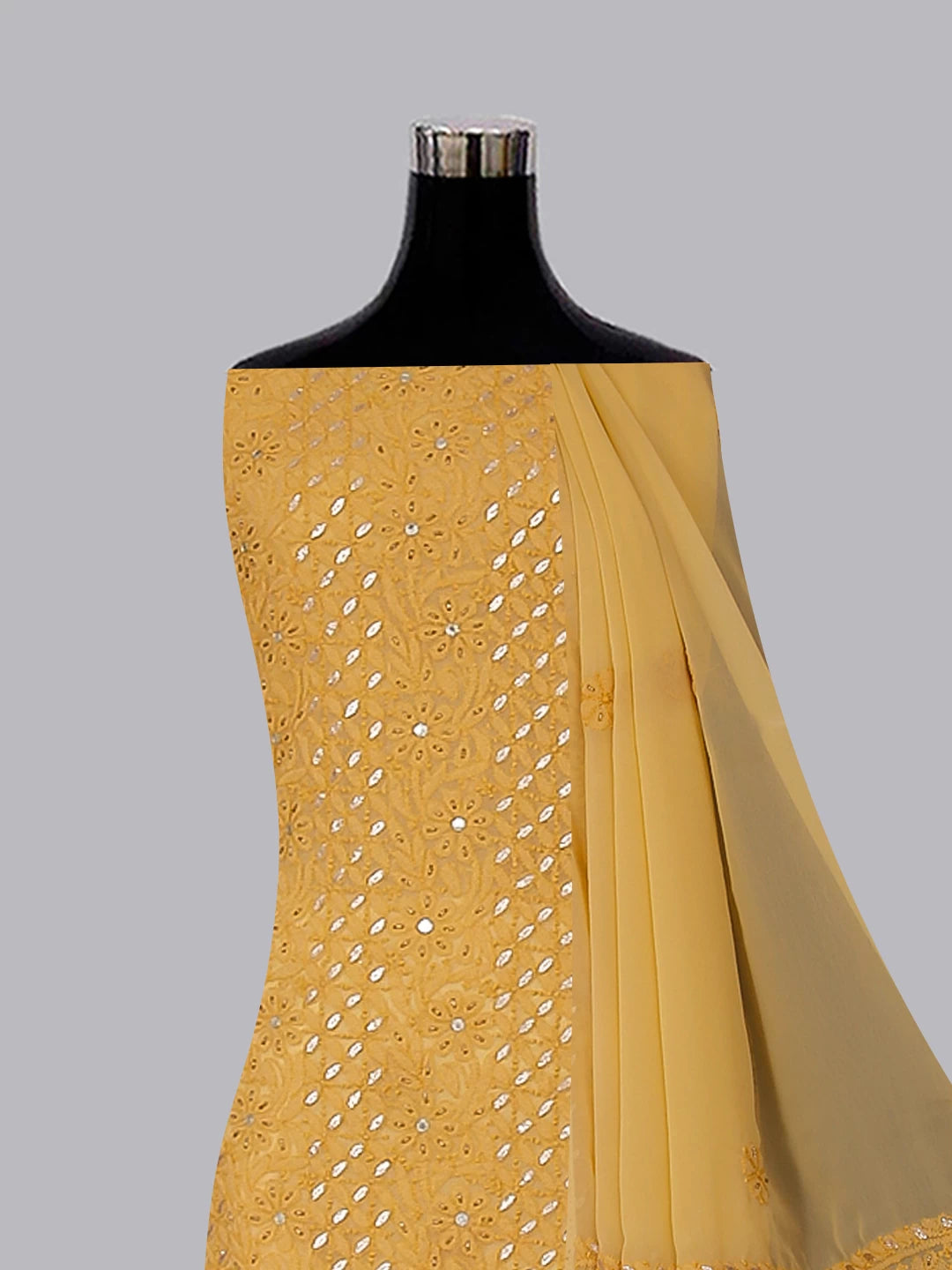 Ada Hand Embroidered Beige Georgette Lucknowi Chikankari Unstitched Suit Piece With Gotapatti Work 01A398500