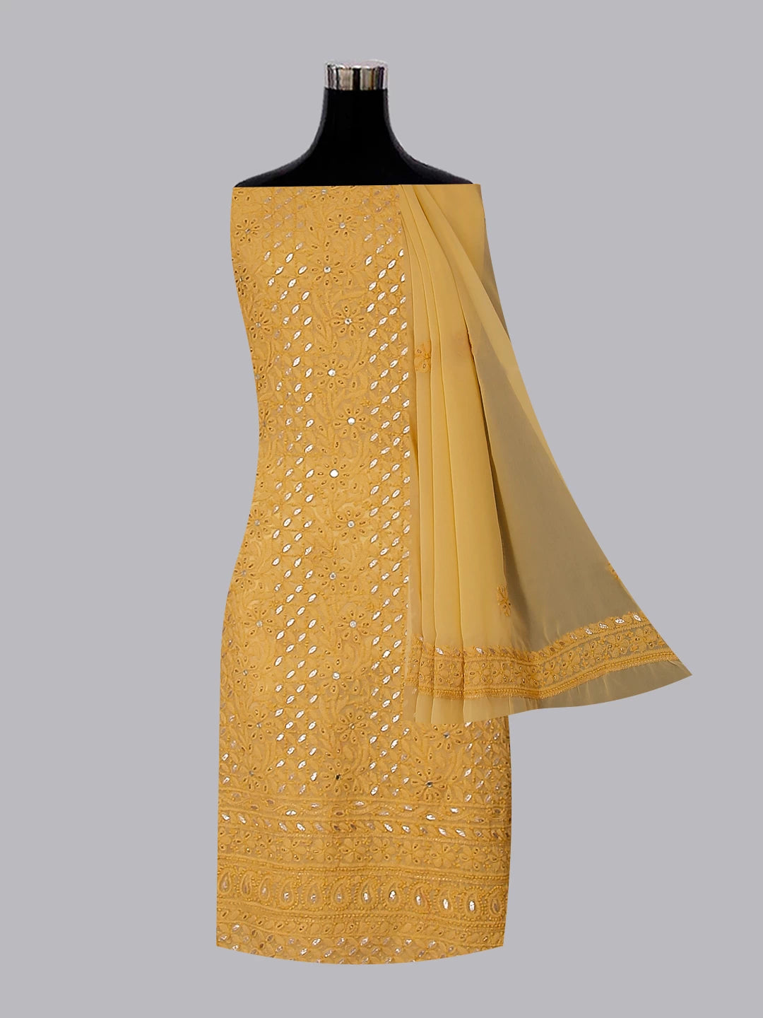 Ada Hand Embroidered Beige Georgette Lucknowi Chikankari Unstitched Suit Piece With Gotapatti Work 01A398500