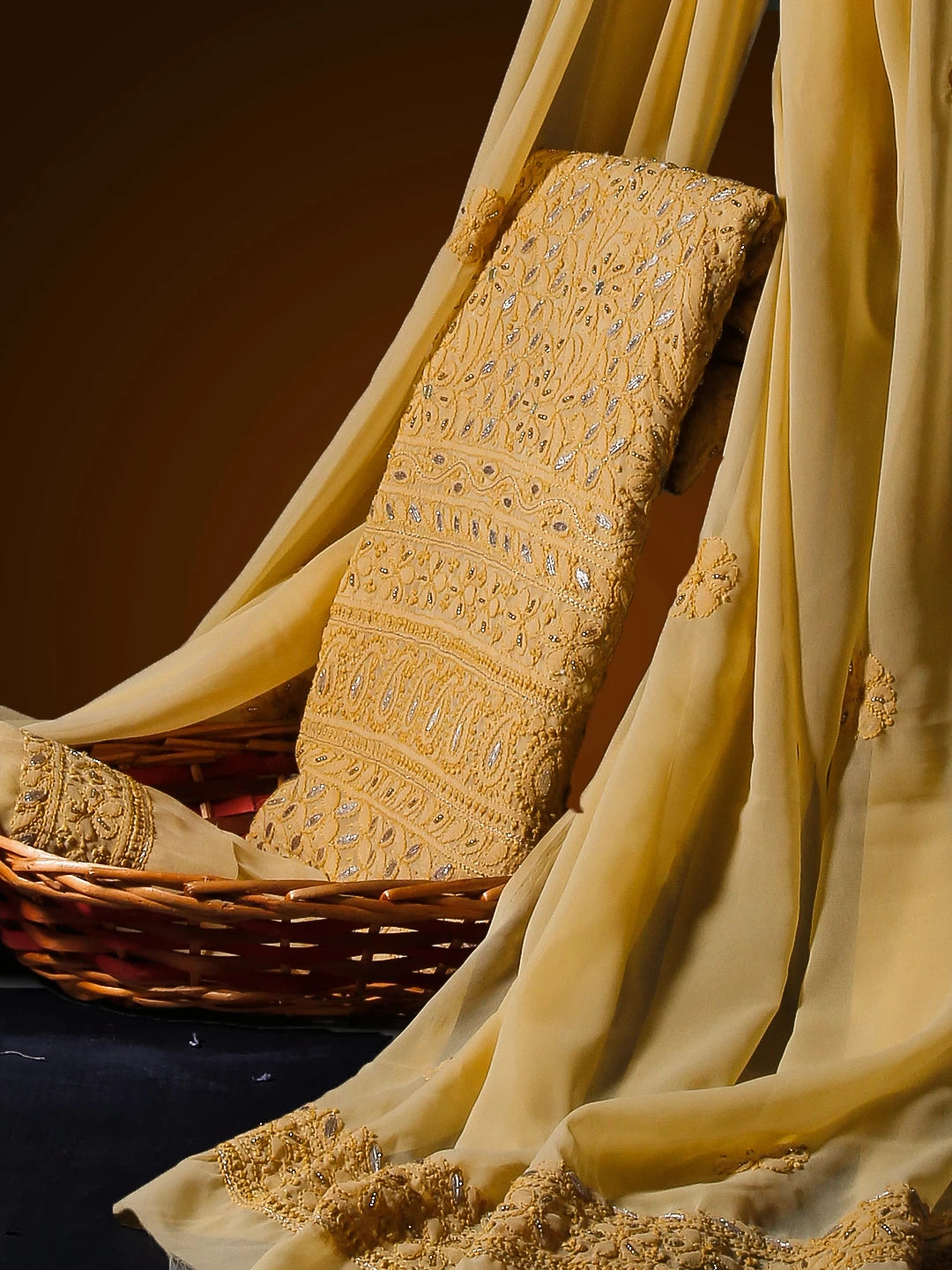 Ada Hand Embroidered Beige Georgette Lucknowi Chikankari Unstitched Suit Piece With Gotapatti Work 01A398500