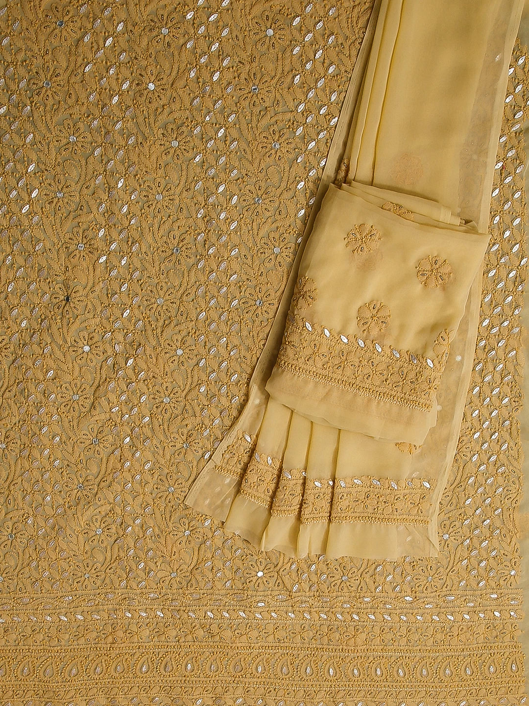 Ada Hand Embroidered Beige Georgette Lucknowi Chikankari Unstitched Suit Piece With Gotapatti Work 01A398500