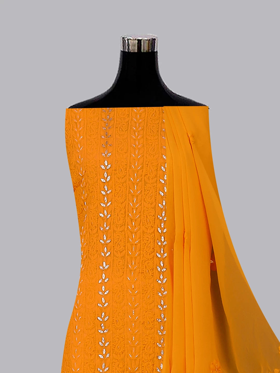 Ada Hand Embroidered Yellow Orange Georgette Lucknowi Chikankari Unstitched Suit Piece With Gotapatti Work 01A391215