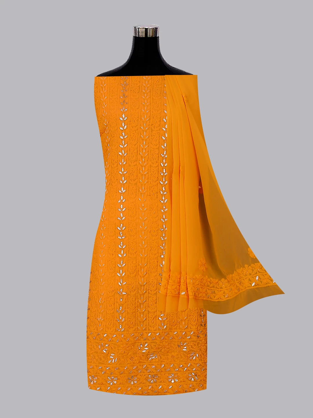 Ada Hand Embroidered Yellow Orange Georgette Lucknowi Chikankari Unstitched Suit Piece With Gotapatti Work 01A391215
