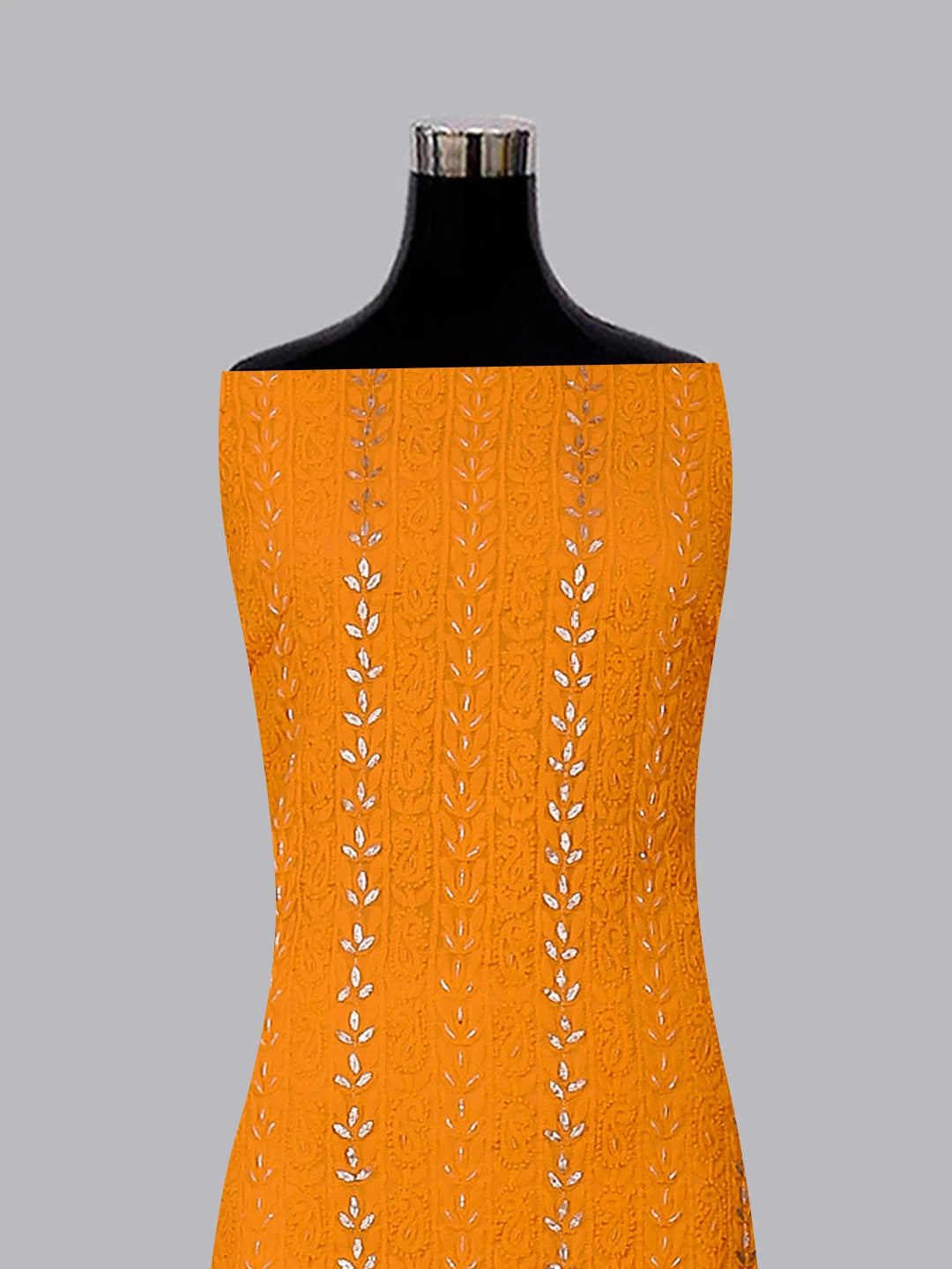 Ada Hand Embroidered Yellow Orange Georgette Lucknowi Chikankari Unstitched Suit Piece With Gotapatti Work 01A391215
