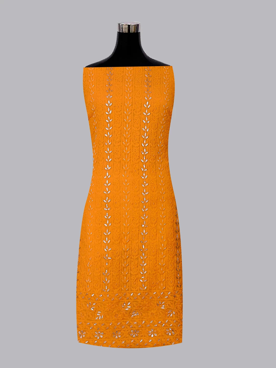 Ada Hand Embroidered Yellow Orange Georgette Lucknowi Chikankari Unstitched Suit Piece With Gotapatti Work 01A391215