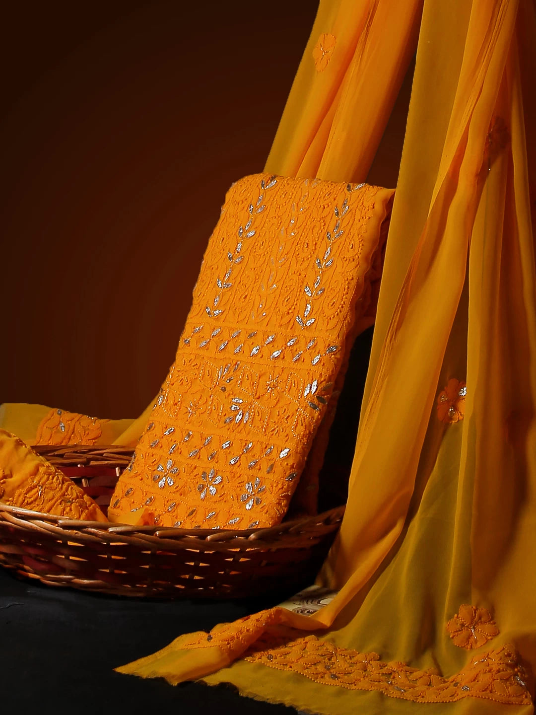 Ada Hand Embroidered Yellow Orange Georgette Lucknowi Chikankari Unstitched Suit Piece With Gotapatti Work 01A391215