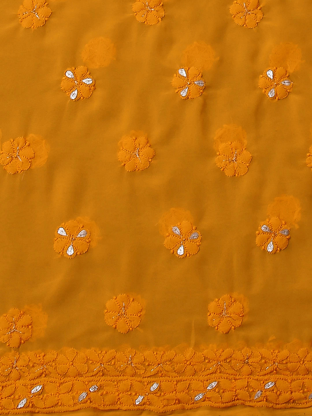 Ada Hand Embroidered Yellow Orange Georgette Lucknowi Chikankari Unstitched Suit Piece With Gotapatti Work 01A391215