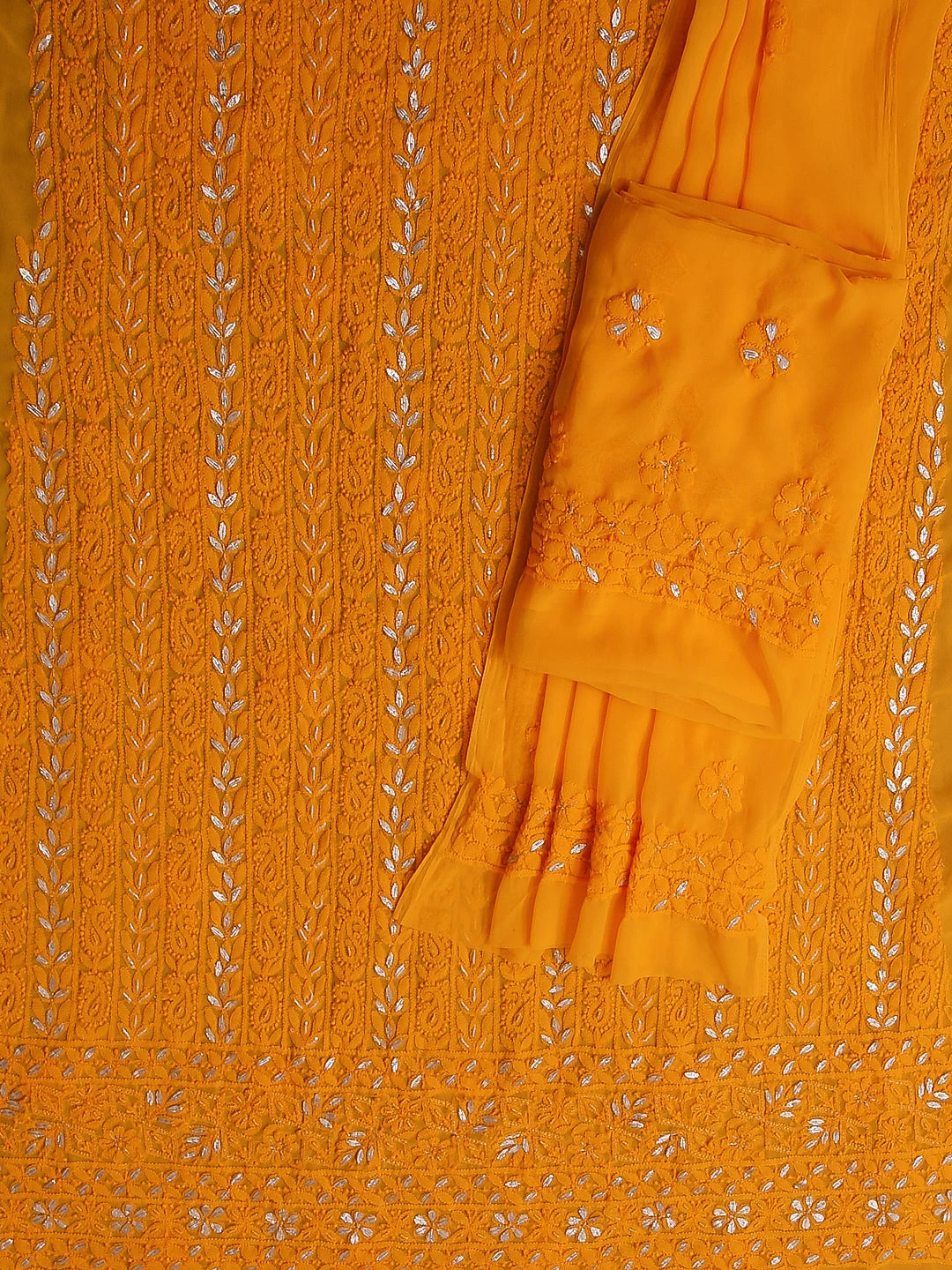 Ada Hand Embroidered Yellow Orange Georgette Lucknowi Chikankari Unstitched Suit Piece With Gotapatti Work 01A391215