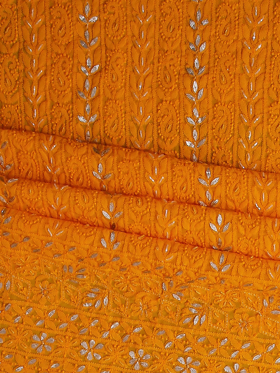 Ada Hand Embroidered Yellow Orange Georgette Lucknowi Chikankari Unstitched Suit Piece With Gotapatti Work 01A391215