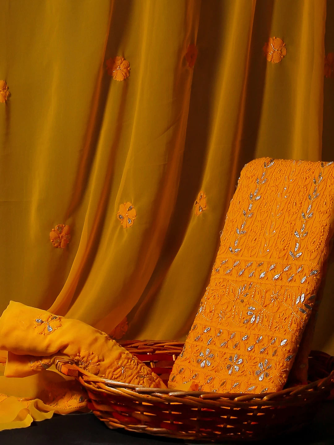 Ada Hand Embroidered Yellow Orange Georgette Lucknowi Chikankari Unstitched Suit Piece With Gotapatti Work 01A391215