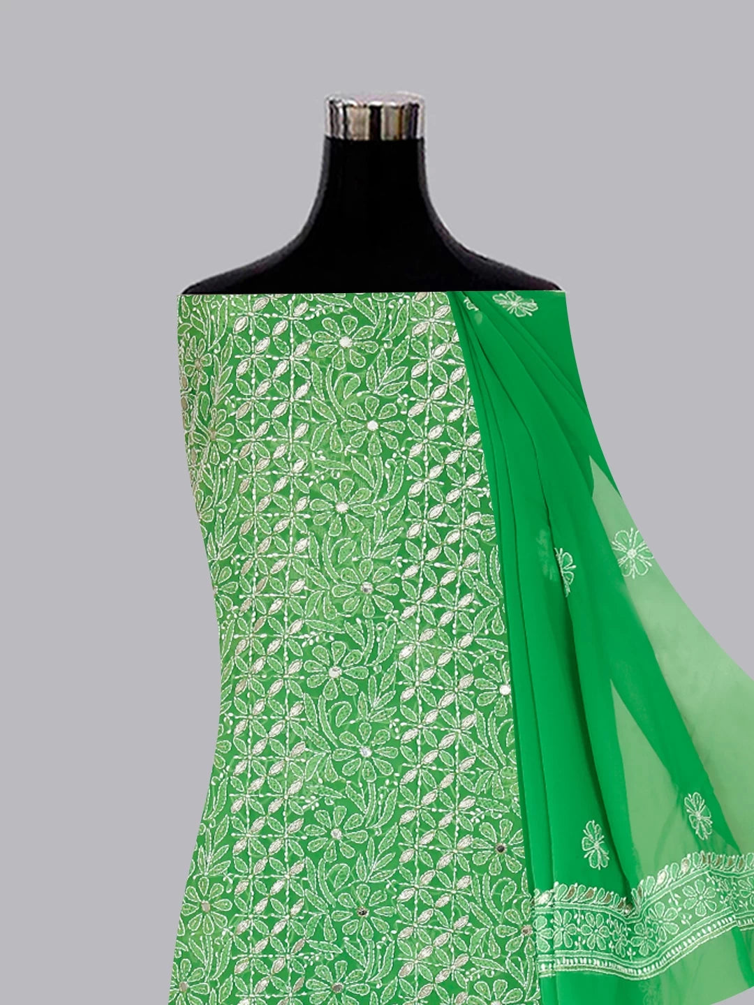 Ada Hand Embroidered Green Georgette Lucknowi Chikankari Unstitched Suit Piece With Gotapatti Work 01A398493