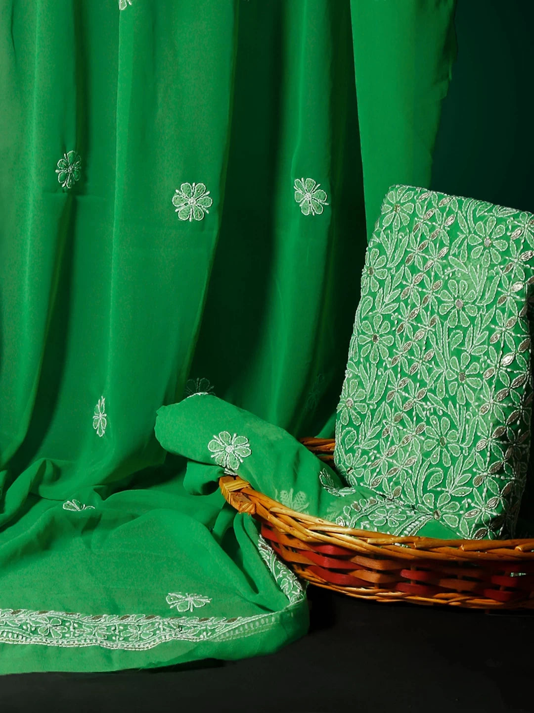 Ada Hand Embroidered Green Georgette Lucknowi Chikankari Unstitched Suit Piece With Gotapatti Work 01A398493