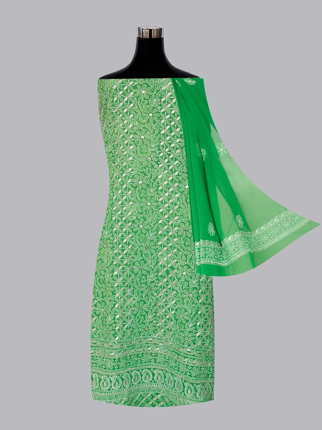 Ada Hand Embroidered Green Georgette Lucknowi Chikankari Unstitched Suit Piece With Gotapatti Work 01A398493