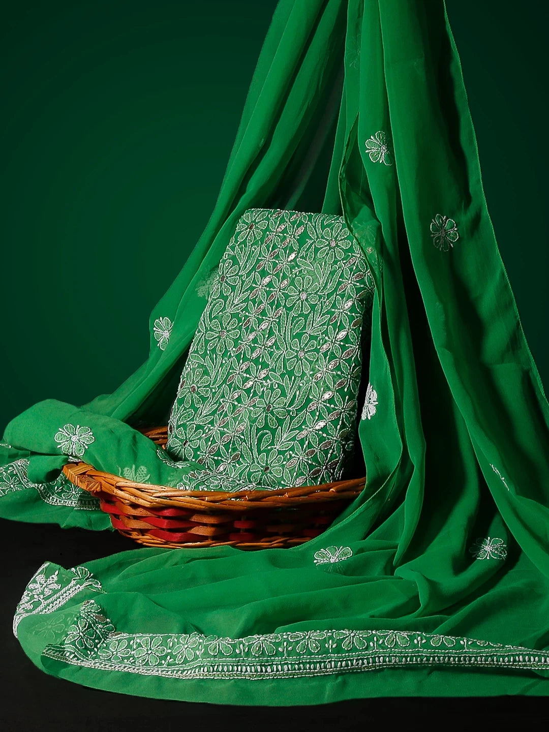 Ada Hand Embroidered Green Georgette Lucknowi Chikankari Unstitched Suit Piece With Gotapatti Work 01A398493
