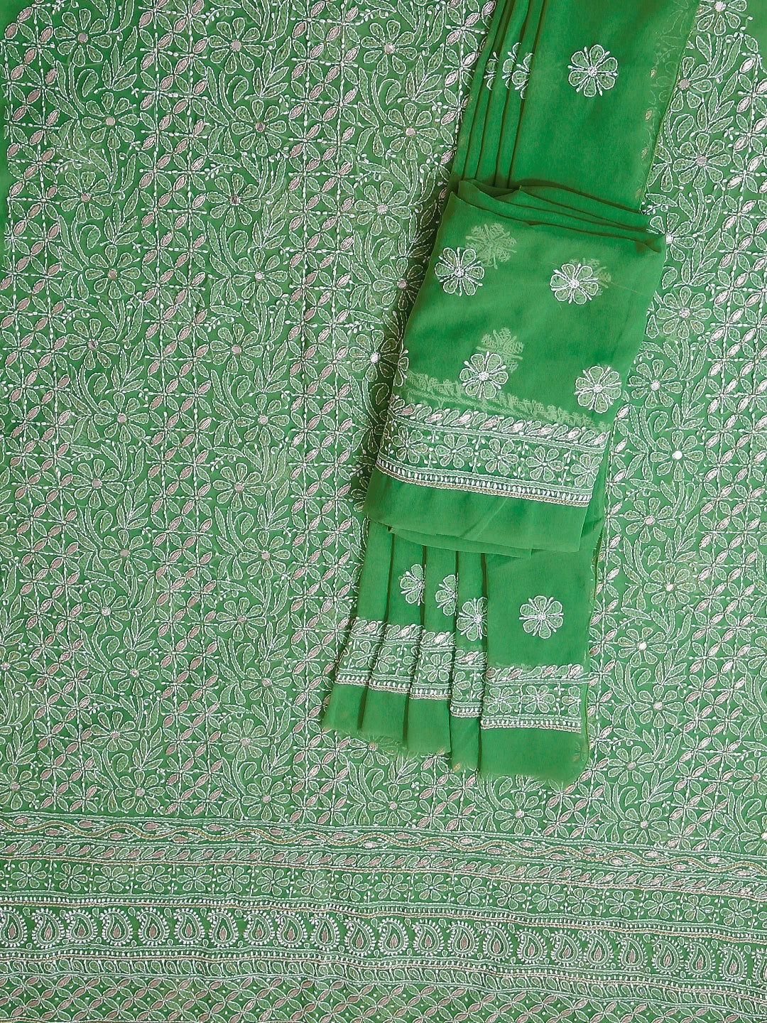 Ada Hand Embroidered Green Georgette Lucknowi Chikankari Unstitched Suit Piece With Gotapatti Work 01A398493
