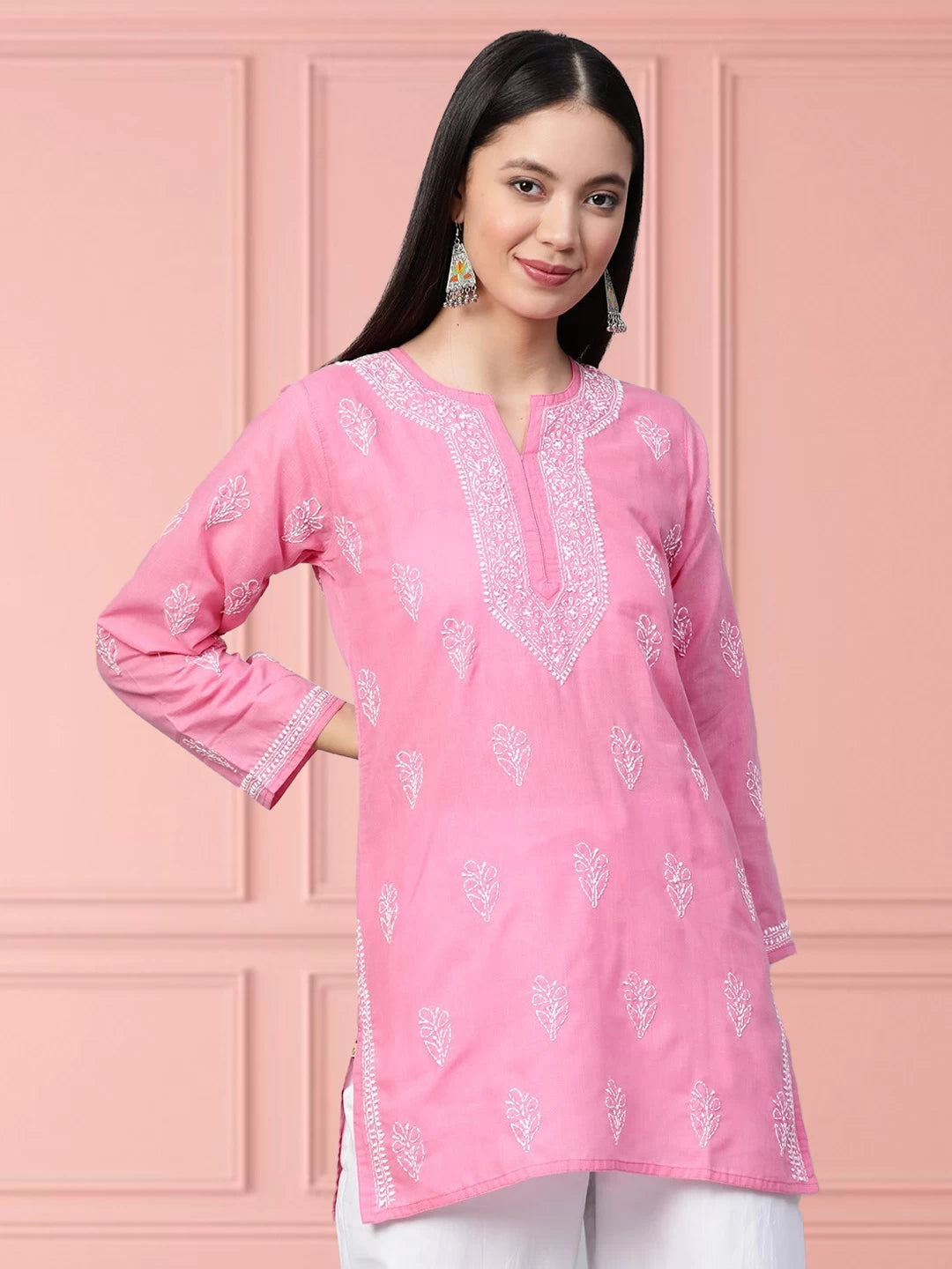 Ada Hand Embroidered Pink Cotton Lucknowi Chikankari Kurti A210943