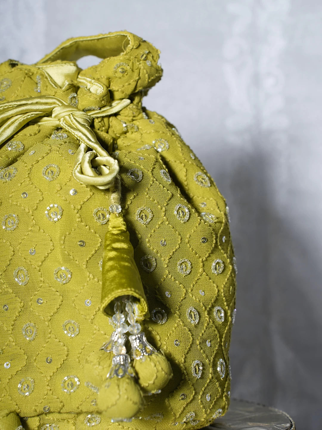 Ada Hand Embroidered Green Viscsoe Georgette Lucknowi Chikankari Potli Bag With Cutdana Work 01A488338