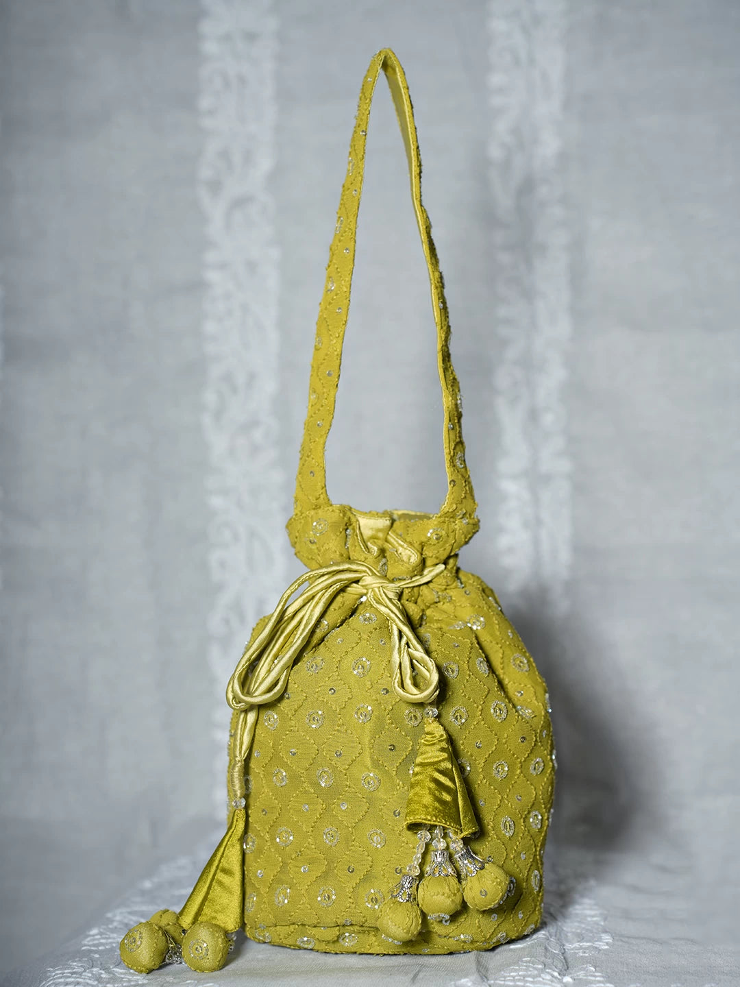 Ada Hand Embroidered Green Viscsoe Georgette Lucknowi Chikankari Potli Bag With Cutdana Work 01A488338