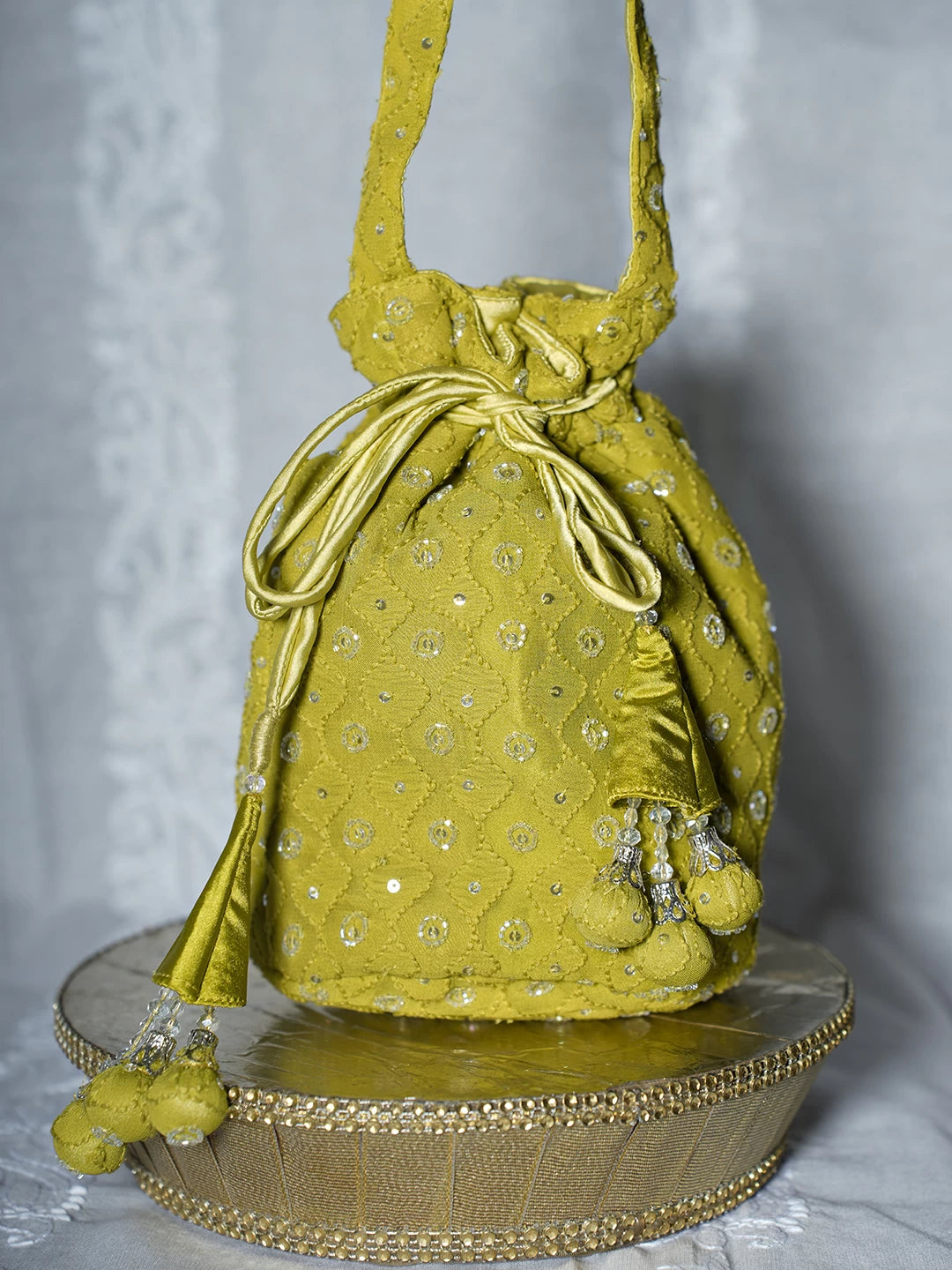 Ada Hand Embroidered Green Viscsoe Georgette Lucknowi Chikankari Potli Bag With Cutdana Work 01A488338