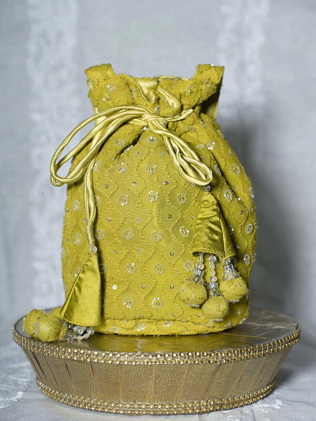 Ada Hand Embroidered Green Viscsoe Georgette Lucknowi Chikankari Potli Bag With Cutdana Work 01A488338