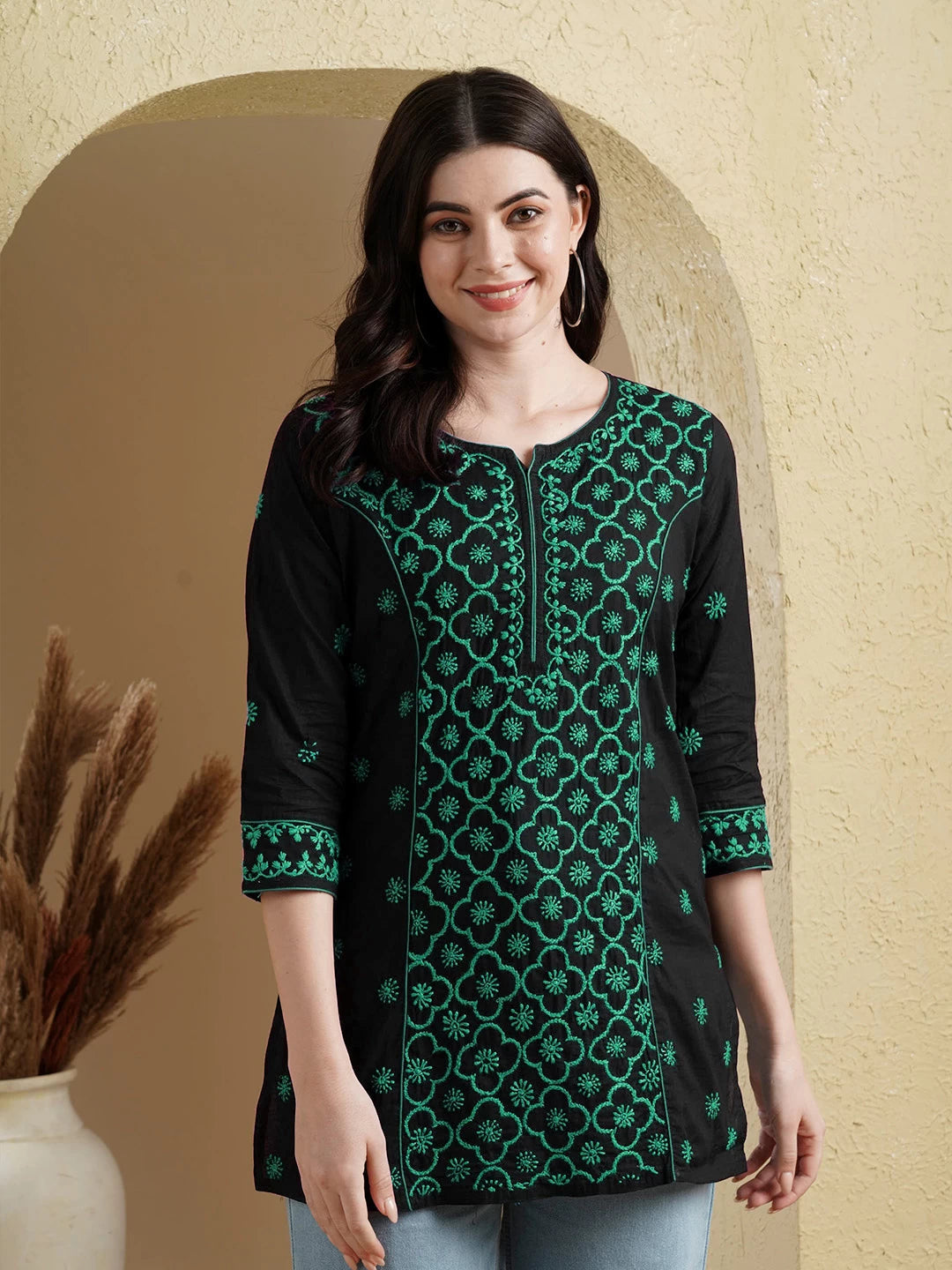 Ada Hand Embroidered Black And Green Cotton Lucknowi Chikankari Straight Kurti A911390