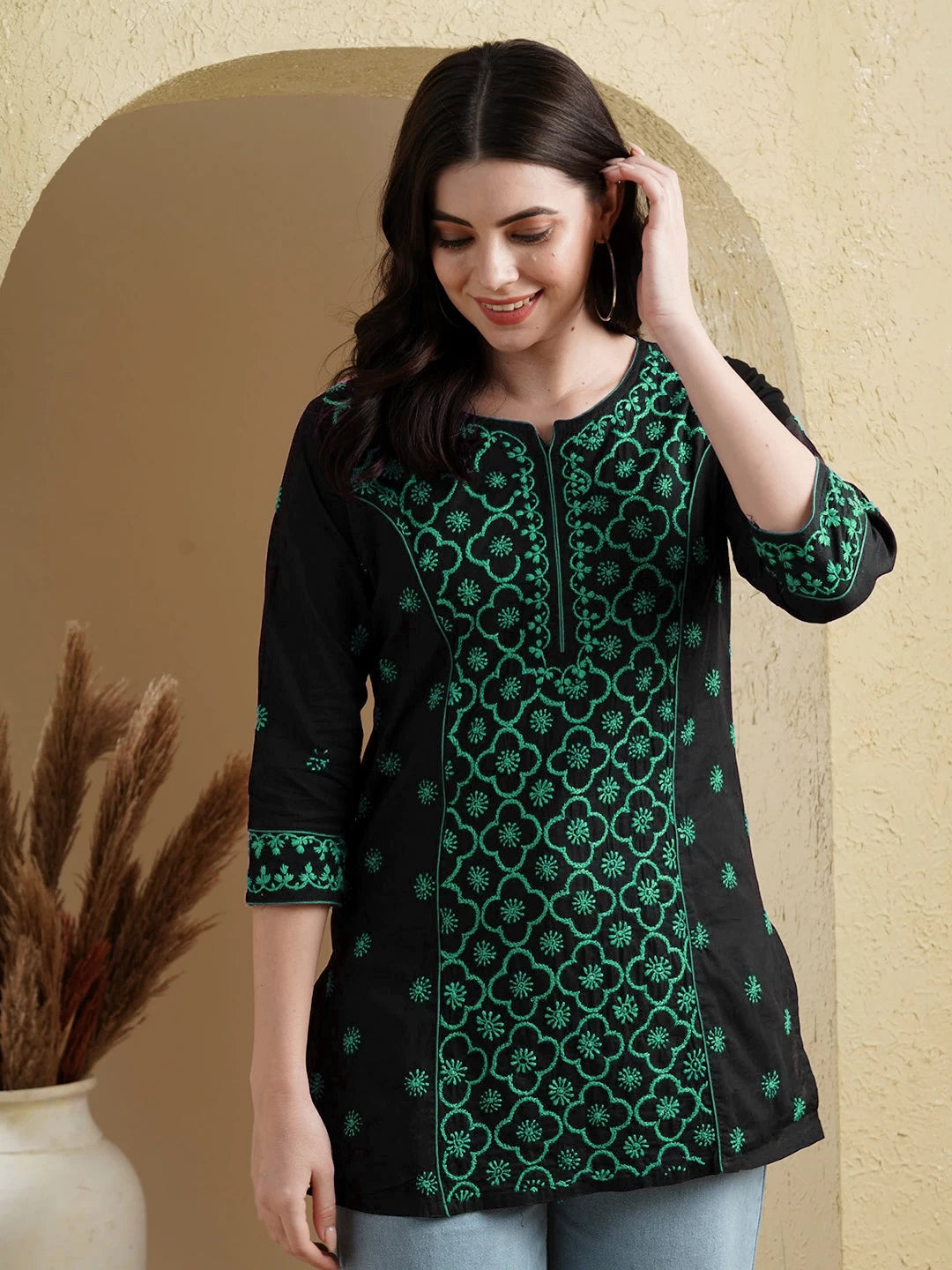 Ada Hand Embroidered Black And Green Cotton Lucknowi Chikankari Straight Kurti A911390
