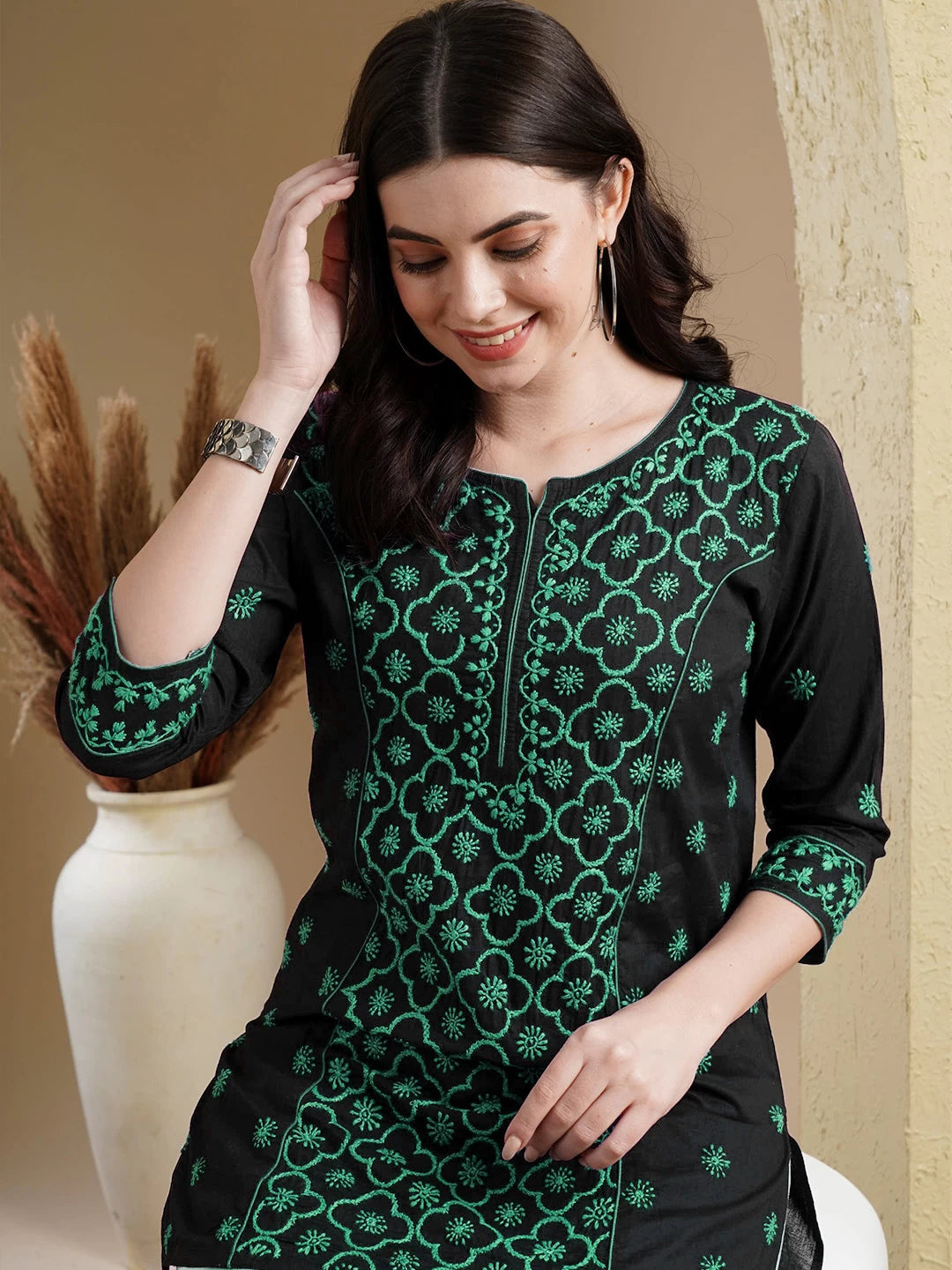 Ada Hand Embroidered Black And Green Cotton Lucknowi Chikankari Straight Kurti A911390