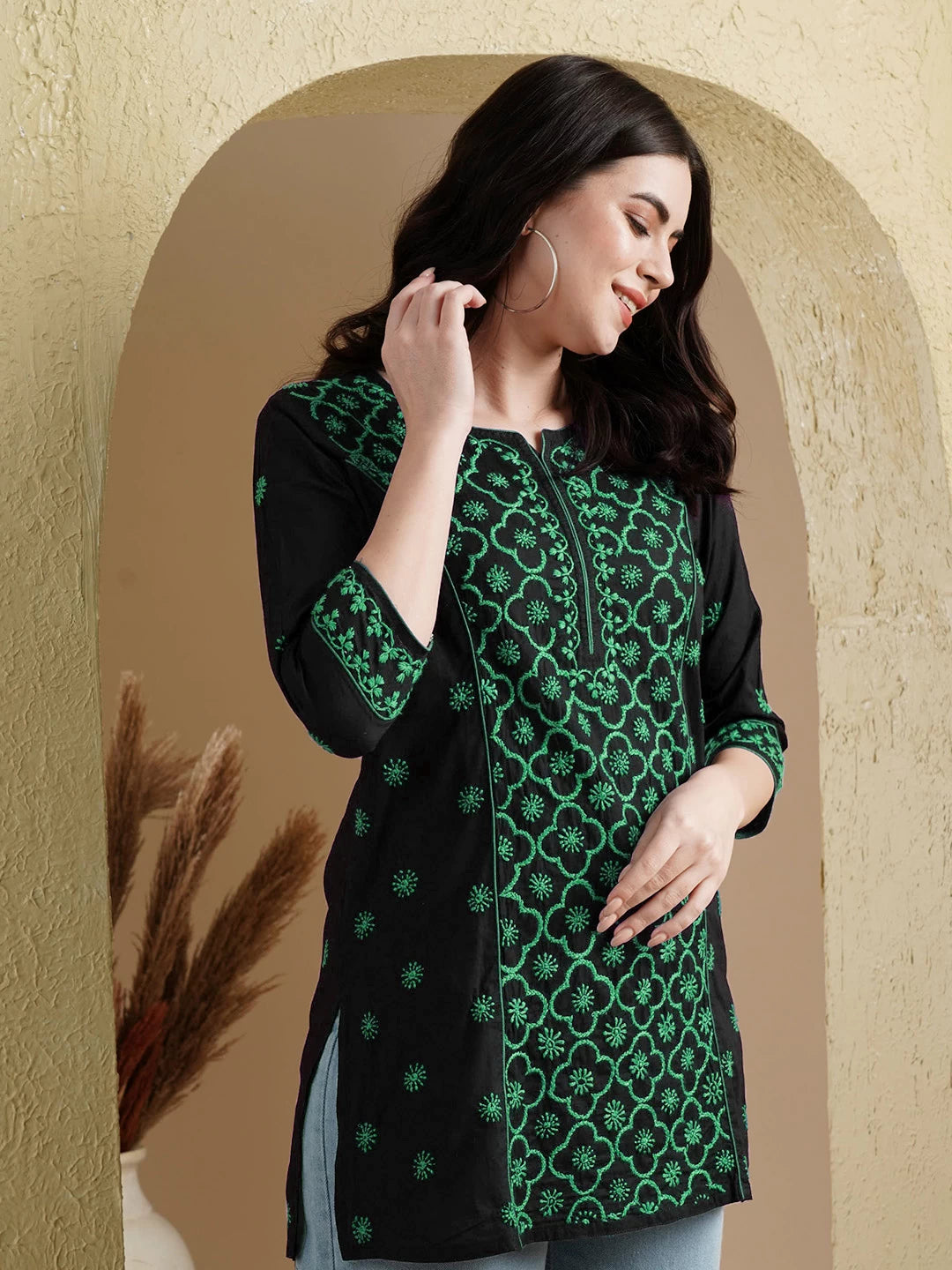 Ada Hand Embroidered Black And Green Cotton Lucknowi Chikankari Straight Kurti A911390