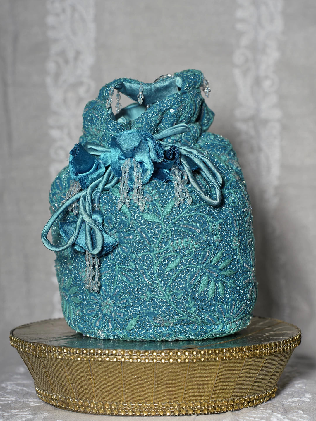 Ada Hand Embroidered Green Pure  Georgette Lucknowi Chikankari Potli Bag With Cutdana Work 01A474590