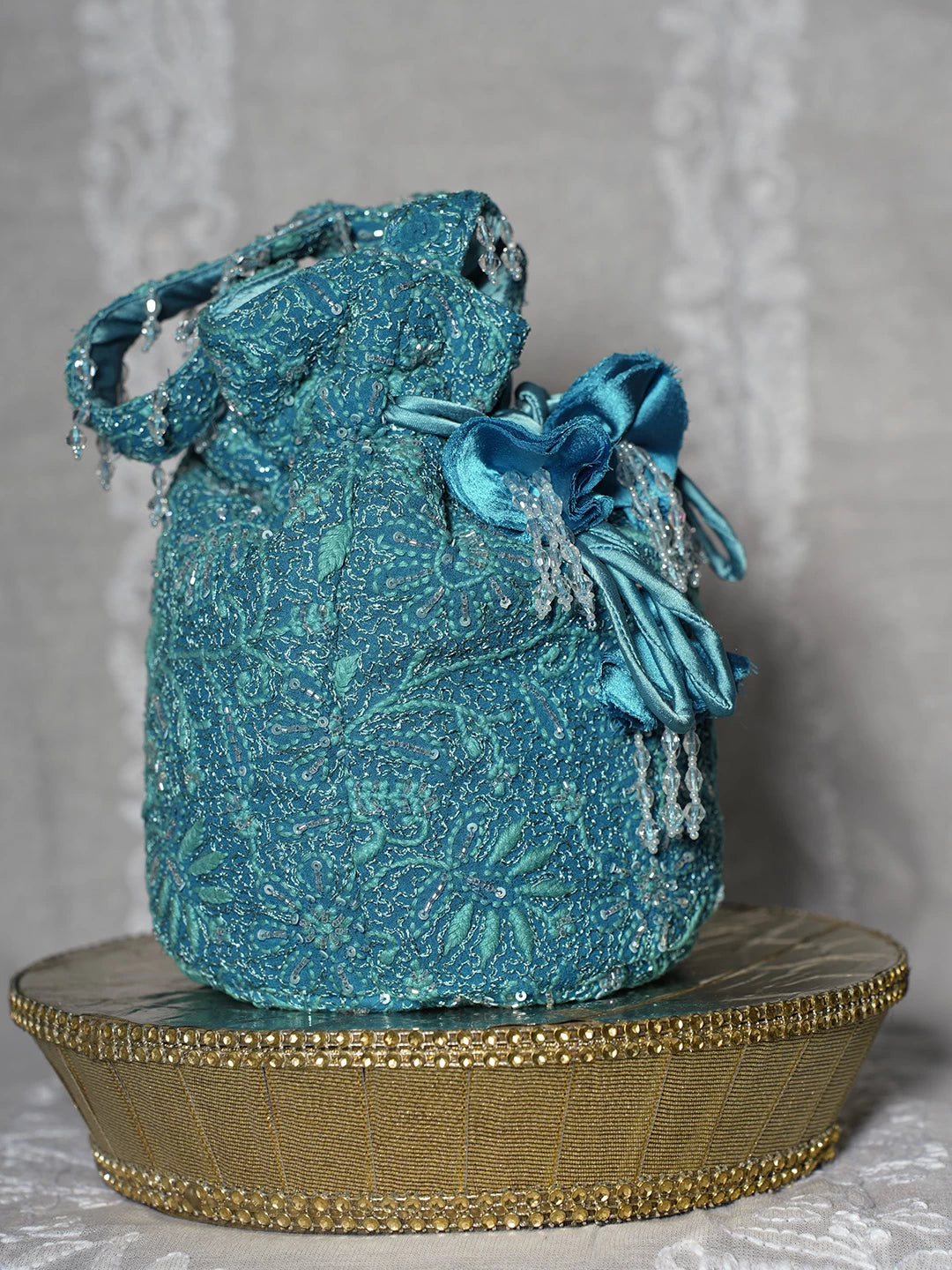 Ada Hand Embroidered Green Pure  Georgette Lucknowi Chikankari Potli Bag With Cutdana Work 01A474590