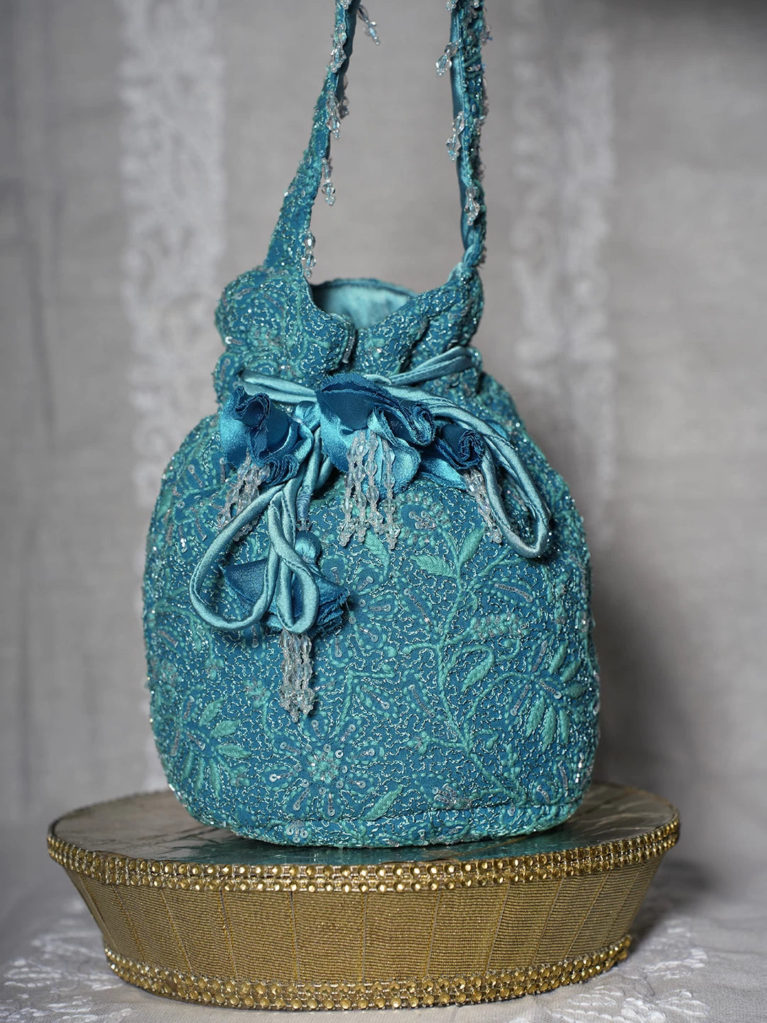 Ada Hand Embroidered Green Pure  Georgette Lucknowi Chikankari Potli Bag With Cutdana Work 01A474590