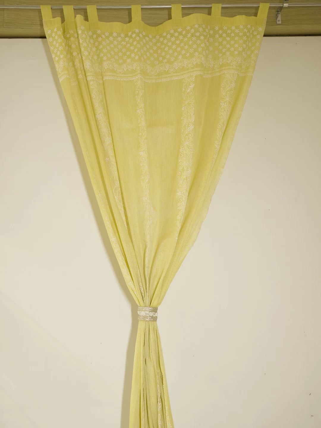 Ada Hand Embroidered Yellow Chanderi Lucknowi Chikankari Curtain 01A446578